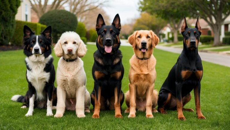 5 beautiful and smart dogs on a lawn