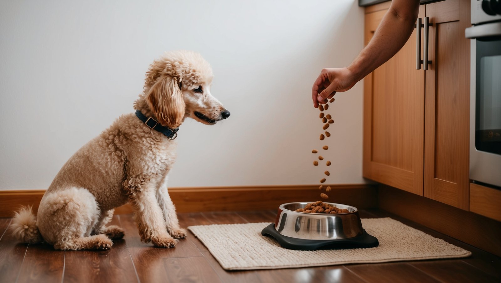 Poodle patiently waiting for being allowed to eat its food