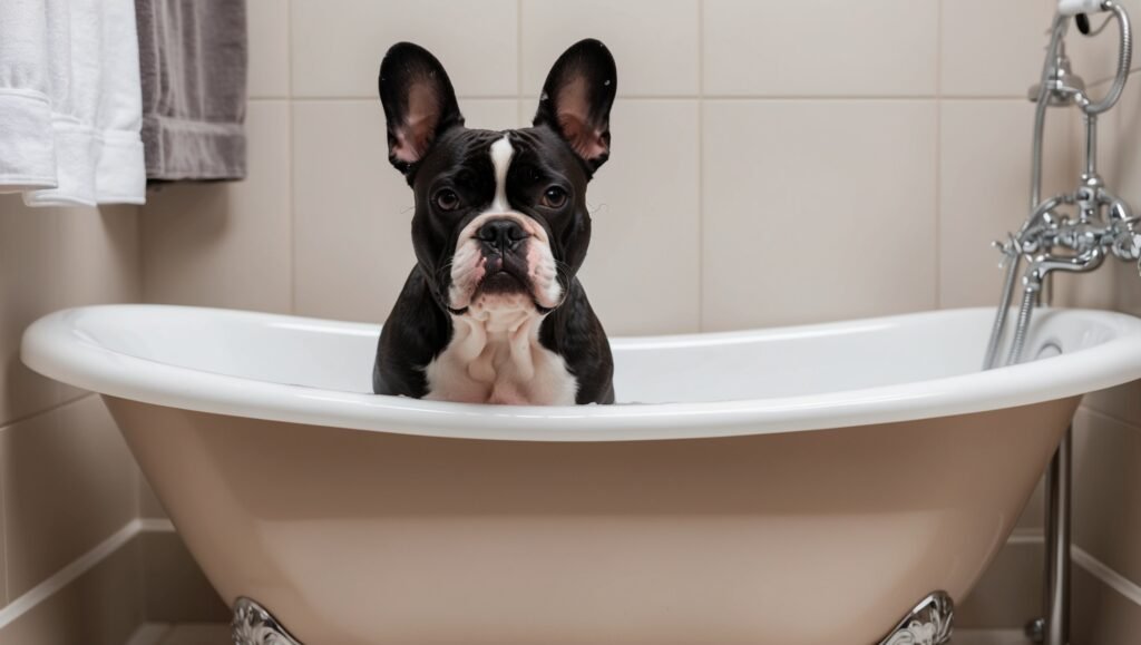 french bulldog ear care French bull dog taking a bath