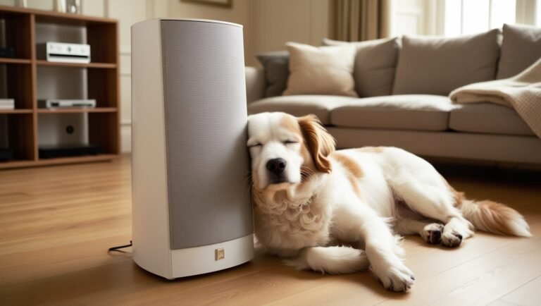 Dog asleep leaned up against a speaker