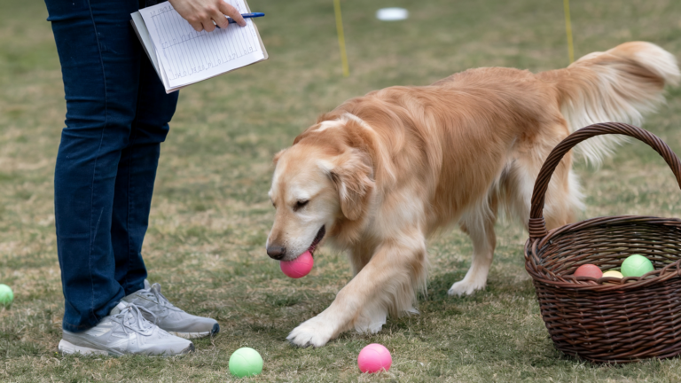 Dog picking up balls and placing in basket as part of brain training for dogs