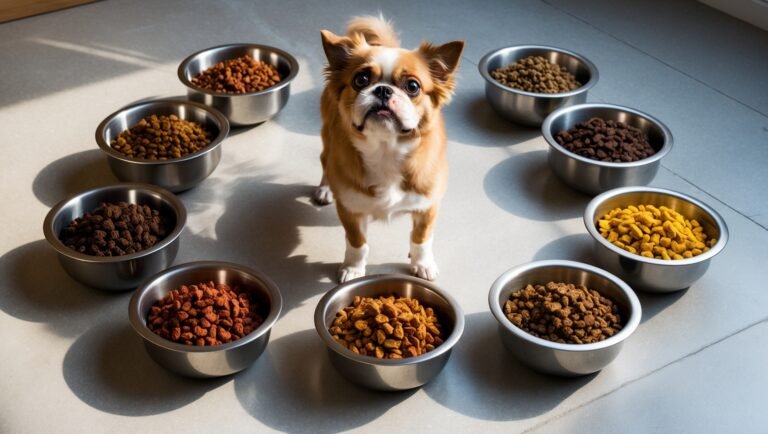 Dog surrounded by way too much dog food