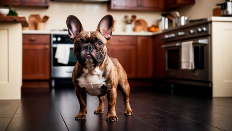 French bull dog with bat ears in a kitchen