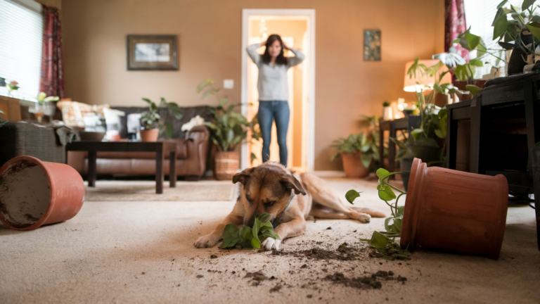 Image of living room with dog having pushed over several pot plants