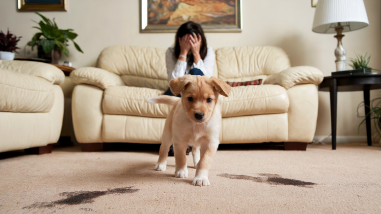Young puppy had an accident on the carpet