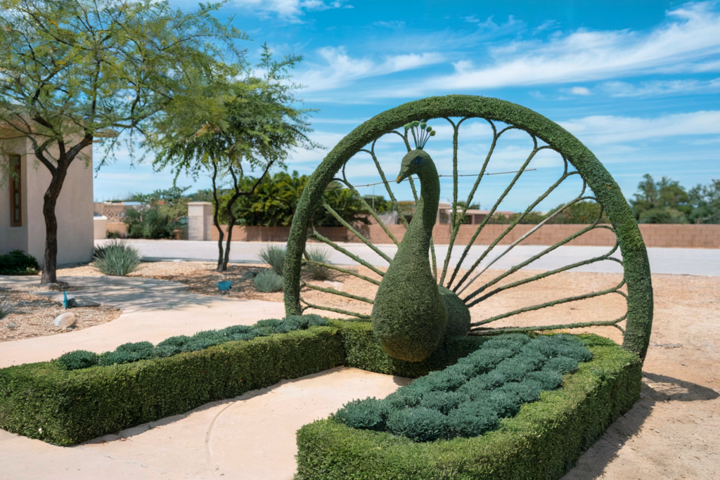 Decorative hedge shaped as a peacock