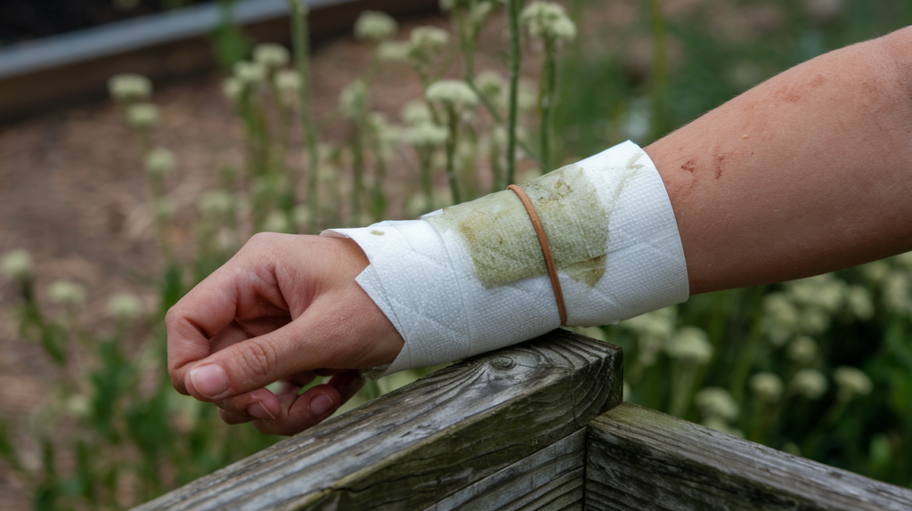 Wound being treated by freshly mashed yarrow leaves