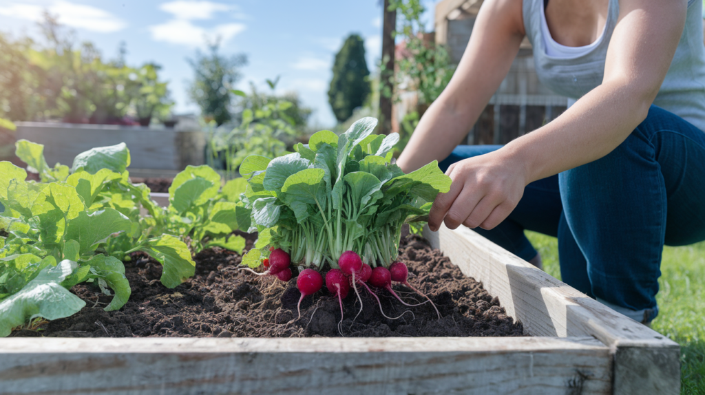 Radishes in raised garden bed